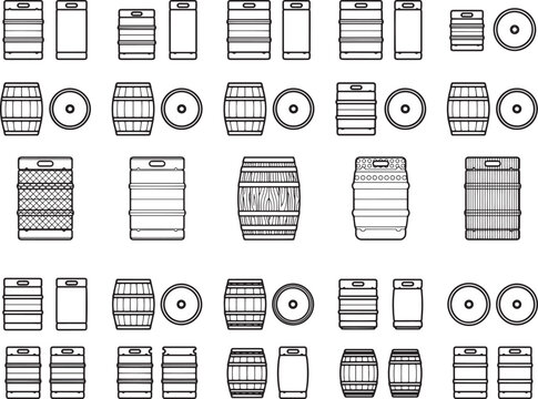 A collection of various kegs and barrels, depicted in a clean, vector art style, showcasing different designs and sizes, ideal for graphic resources.