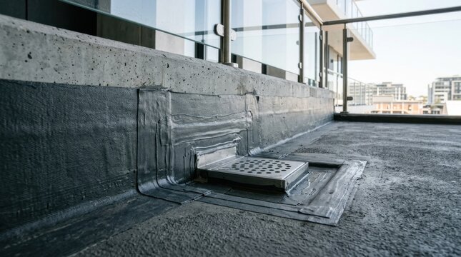 Balcony waterproofing membrane detail with floor drain for outdoor drainage system.