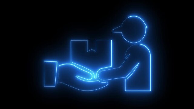 Glowing blue neon delivery man handing cardboard package box to customer hand icon for logistics, express shipping, order fulfillment, courier service