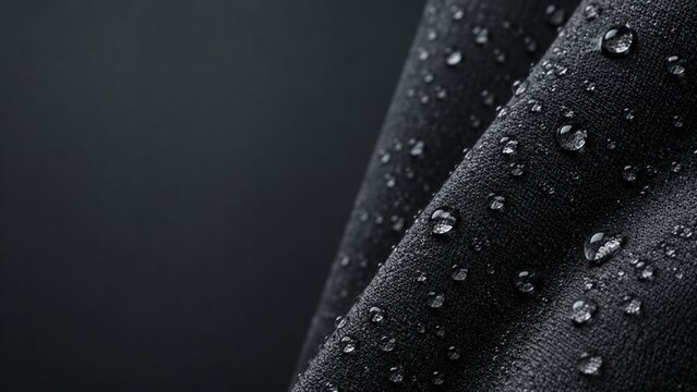 Black Technical Fabric with Water Droplets and Soft Fold