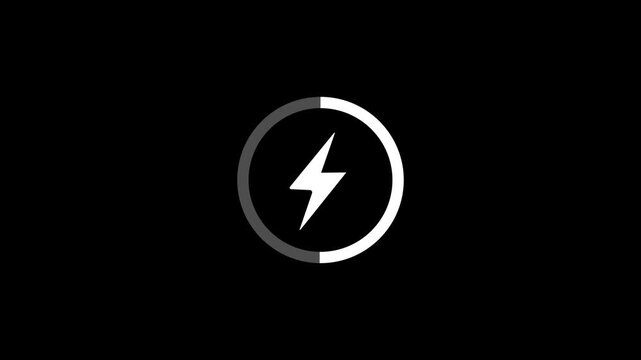 white circular charging progress ring icon with central lightning bolt for fast charge indicator, battery power status, energy level, device charging