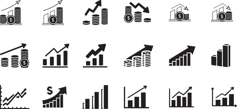 Financial growth and market trend icons with rising arrows and coin