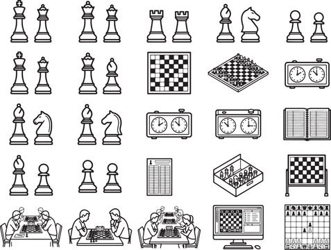 An assortment of chess pieces, chessboards, timers, and players engaged in the game, presented in a clean, modern graphic style.