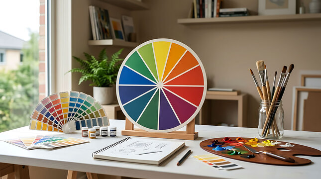 Art studio desk with color wheel swatches brushes and paint palette for design