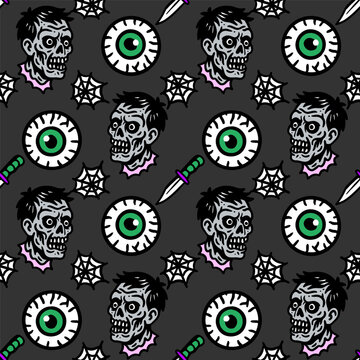halloween pattern seamless vector background tombstone rip eyeball brain cauldron spooky scary horror creepy doodle orange death dead tomb zombie october trick or treat magic witch graveyard
