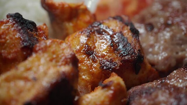 Grilled chicken cubes and juicy beef patties sizzle on plate in professional macro footage.