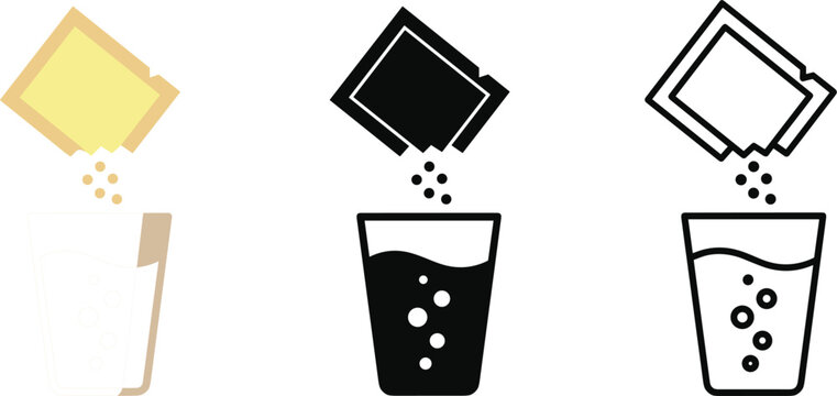 Effervescent Powder Sachet Icon Set with Glass of Water for Medicine, Supplement, Drink Mix, and Soluble Drug Packaging Vector Graphic Designs