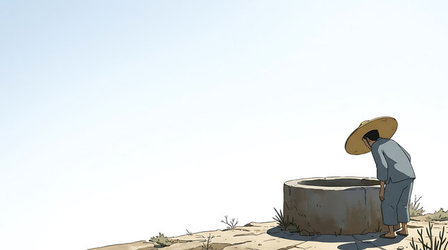 Traditional Asian farmer with a conical hat looking down into a stone well in a vast dry landscape