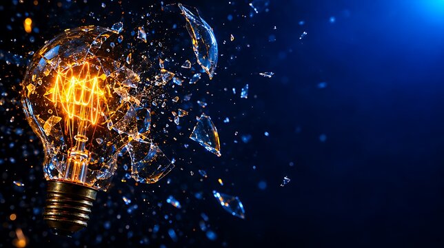 Glowing light bulb exploding into particles representing innovation and creative ideas
