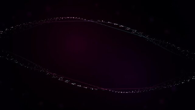 Abstract dark purple background with glowing particle waves forming a sleek minimalist frame border design