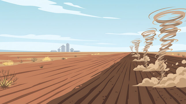 Dust devils and wind erosion sweeping across dry agricultural field with city skyline landscape illustration