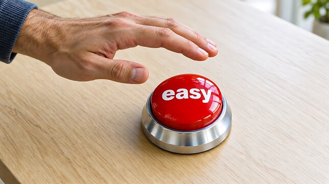 Hand pressing red easy button on wooden desk for simple action and convenience