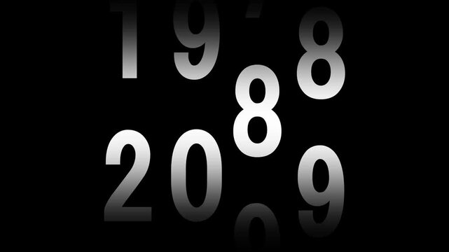 Animation showing year transition from 1950 to 2001 in analog clock style on isolated black background. Time-lapse speed. Happy new year eve number counter. 4K footage motion graphic white text. 