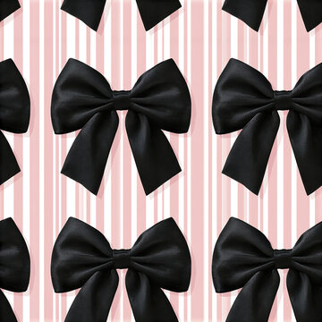 Black bow tie pattern on pink and white striped background creates elegant seamless textile design with romantic feel