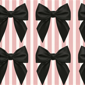 Black bow tie pattern on pink and white vertical stripes background creates elegant seamless textile design
