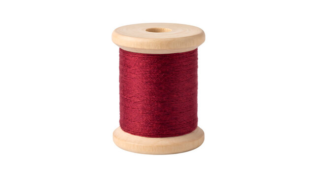Crimson Red Cotton Thread Spool On Natural Wooden Bobbin Isolated Sewing Supply