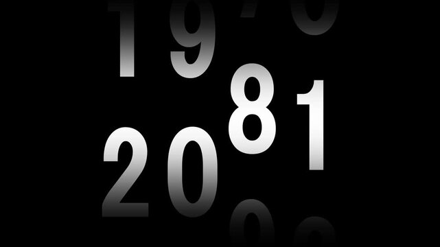 Animation showing year transition from 1950 to 2005 in analog clock style on isolated black background. Time-lapse speed. Happy new year eve number counter. 4K footage motion graphic white text. 