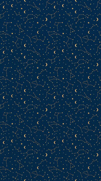 Seamless pattern featuring golden constellations and crescent moons on a dark blue background.