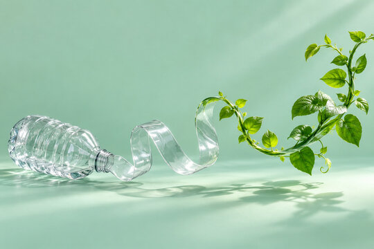 A clear plastic bottle unfurls into a transparent ribbon that becomes a green vine, creating a surreal still life about recycling, material transformation and giving discarded objects a new purpose.