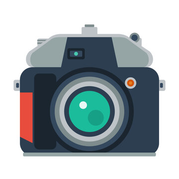 Classic retro photographic camera vector graphic with vibrant teal lens element