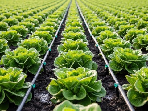 Fresh green lettuce heads in organized farm rows