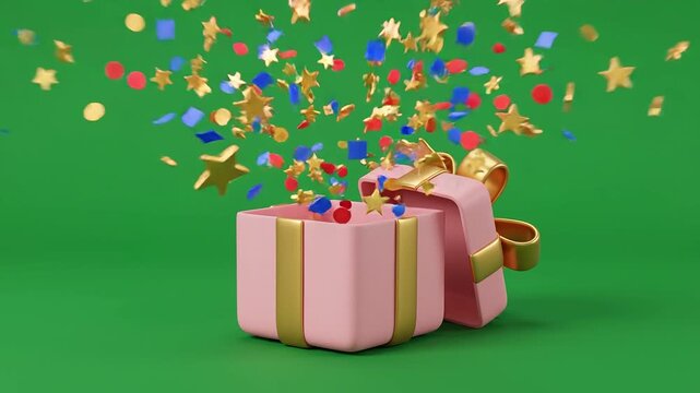 3D video concept of an open pink gift box with gold ribbon and colorful confetti exploding on green background