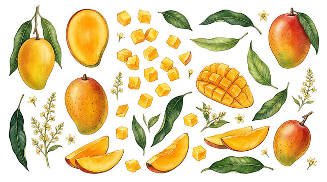 Fresh mango fruit slices and leaves set
