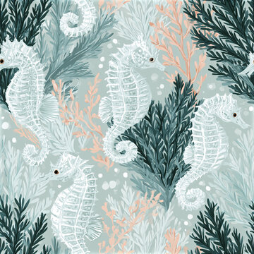 Seamless pattern with white seahorse and seaweed in soft blue and peach tones creating calm oceanic atmosphere