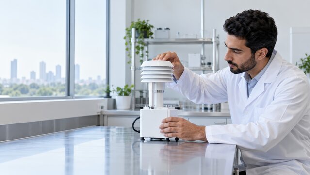 Professional scientist conducting air quality testing in modern laboratory facility with city skyline view in background