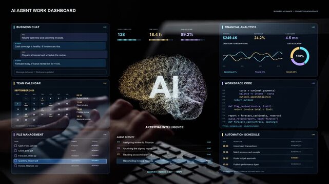 Work continues on a laptop. Business finance workflows combine invoice handling, payment tracking and approvals, with an AI assistant helping organize the next actions.