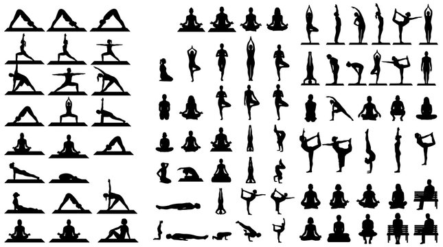Collection of diverse yoga poses and meditation postures demonstrating flexibility and mindfulness practices for wellness and