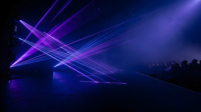 Laser light show, purple and blue beams in dark night club for music event, concert and stage performance. Neon rays, futuristic technology and electronic dance party with smoke, crowd and disco mood