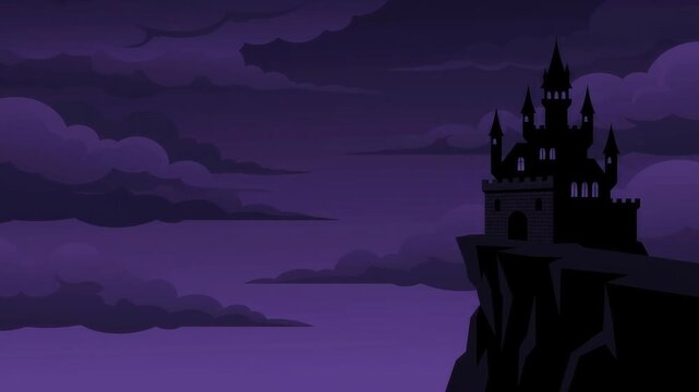 Spooky cartoon castle silhouette on a cliff with lightning striking in purple night