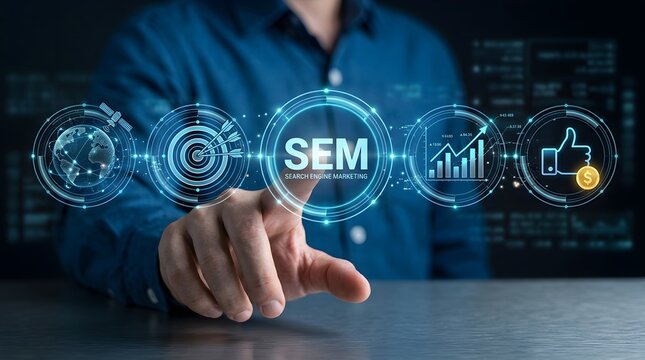 Businessman pointing at virtual screen with SEM Search Engine Marketing concept, digital business strategy and online optimization