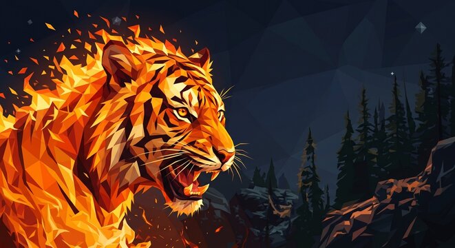 Low poly geometric flaming tiger roaring in dark forest illustration