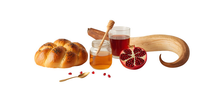 Rosh Hashanah Jewish New Year Celebration featuring challah bread, honey jar, pomegranate, shofar, and a glass of dark liquid on white