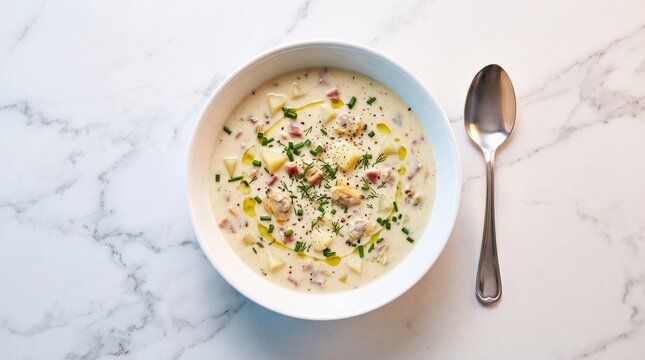 Creamy New England Clam Chowder Served in White Bowl with Spoon and Fresh Chives on Elegant White Marble Tabletop Overhead View