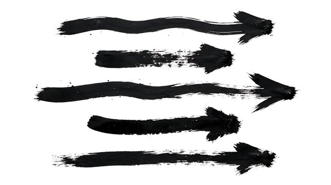 Hand-painted ink brush arrows set with textured black strokes isolated on white background for graphic design