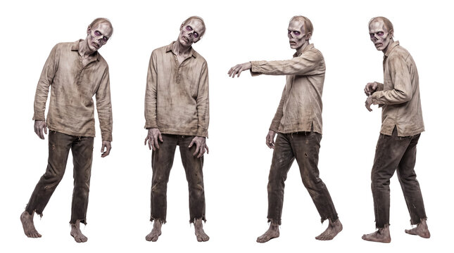 Four gaunt male zombies in tattered clothes with outstretched arm