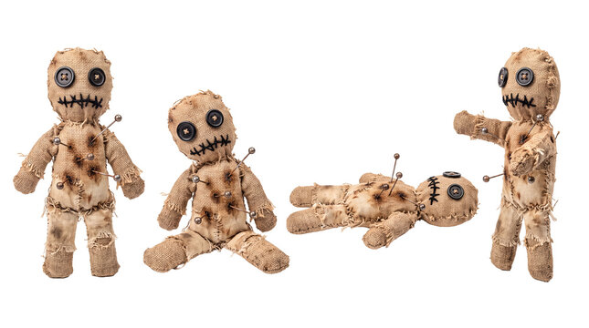 Four creepy burlap voodoo dolls on transparent background