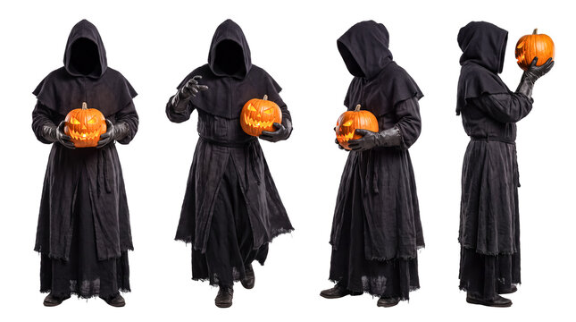 Mysterious grim reaper in black robe holds glowing jack-o-lantern