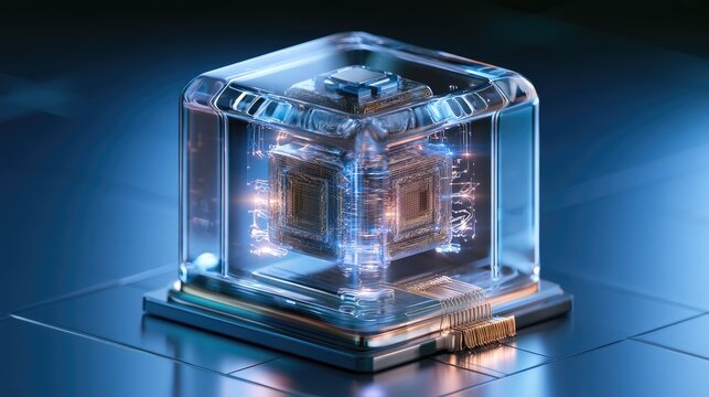 Futuristic Quantum Computer with Glass Enclosure and Energy Sparks Emitting from Circuitry