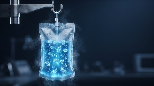 A bag of fluid containing ice cubes and emitting steam hangs from a laboratory stand in darkness.