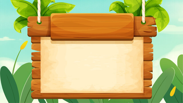 Hanging wooden sign with ropes and tropical leaves background presentation for summer nature