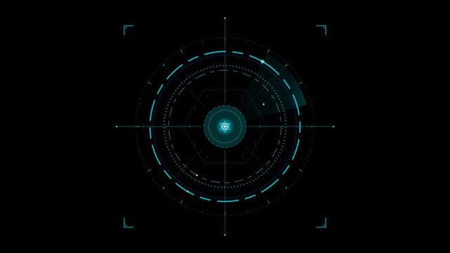 Futuristic HUD interface with glowing blue elements and target scope on a black background, perfect for technology and science fiction projects.