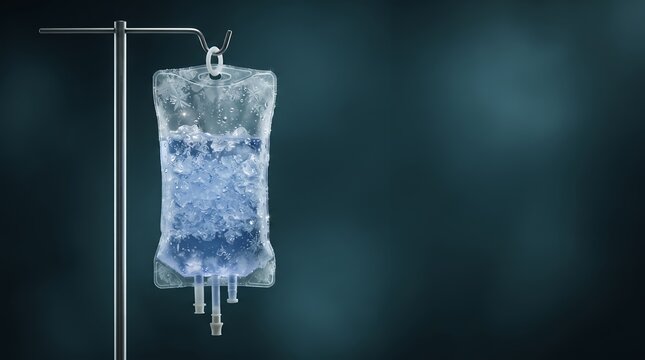 A solitary intravenous bag containing ice and blue liquid is suspended from a metal pole against a dark, moody background.