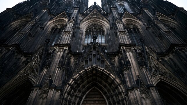 A grand Gothic cathedral facade with intricate stonework  pointed arches  and towering vertical lines under dramatic lighting
