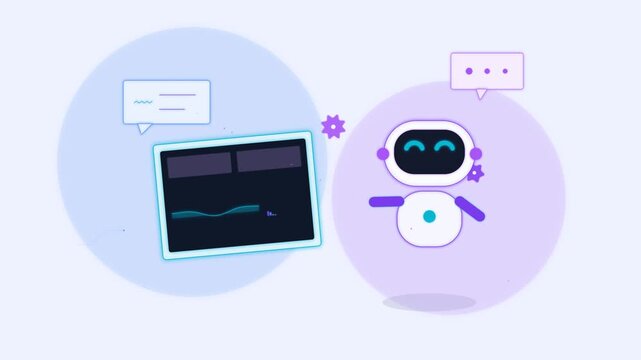 Cute ai robot character chatting with digital tablet interface, animated technology concept for software and automation