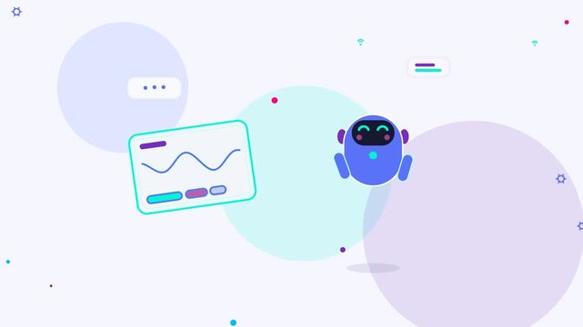 Cute ai robot character with data analytics dashboard animation for modern business technology and digital marketing concepts
