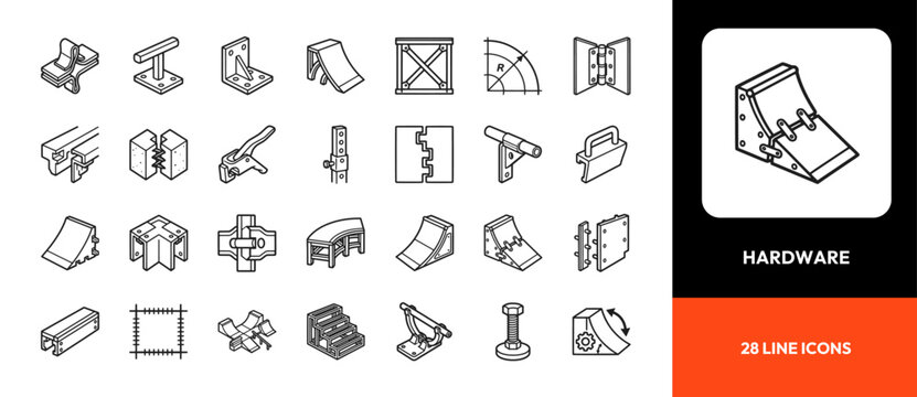 Complete set of twenty eight mechanical parts and industrial hardware line icons
